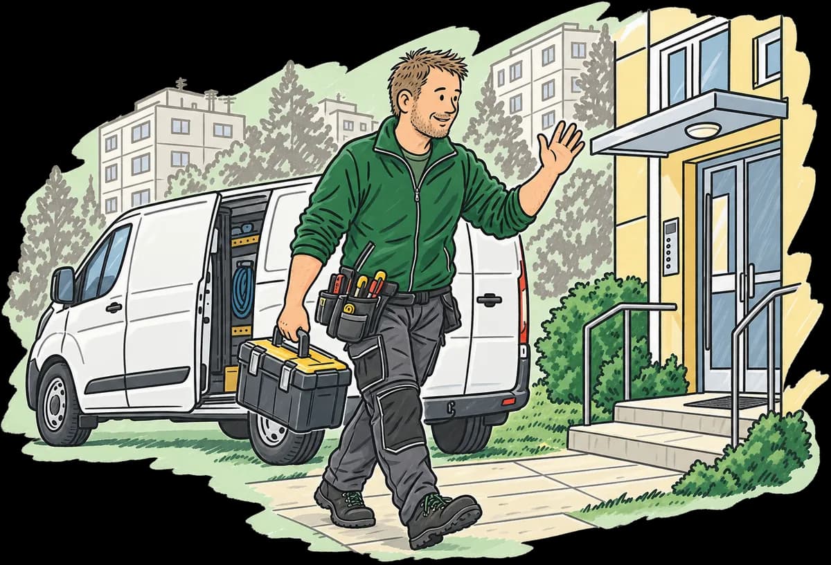 Instalatér s kufrem jde od bílé dodávky k paneláku a mává.