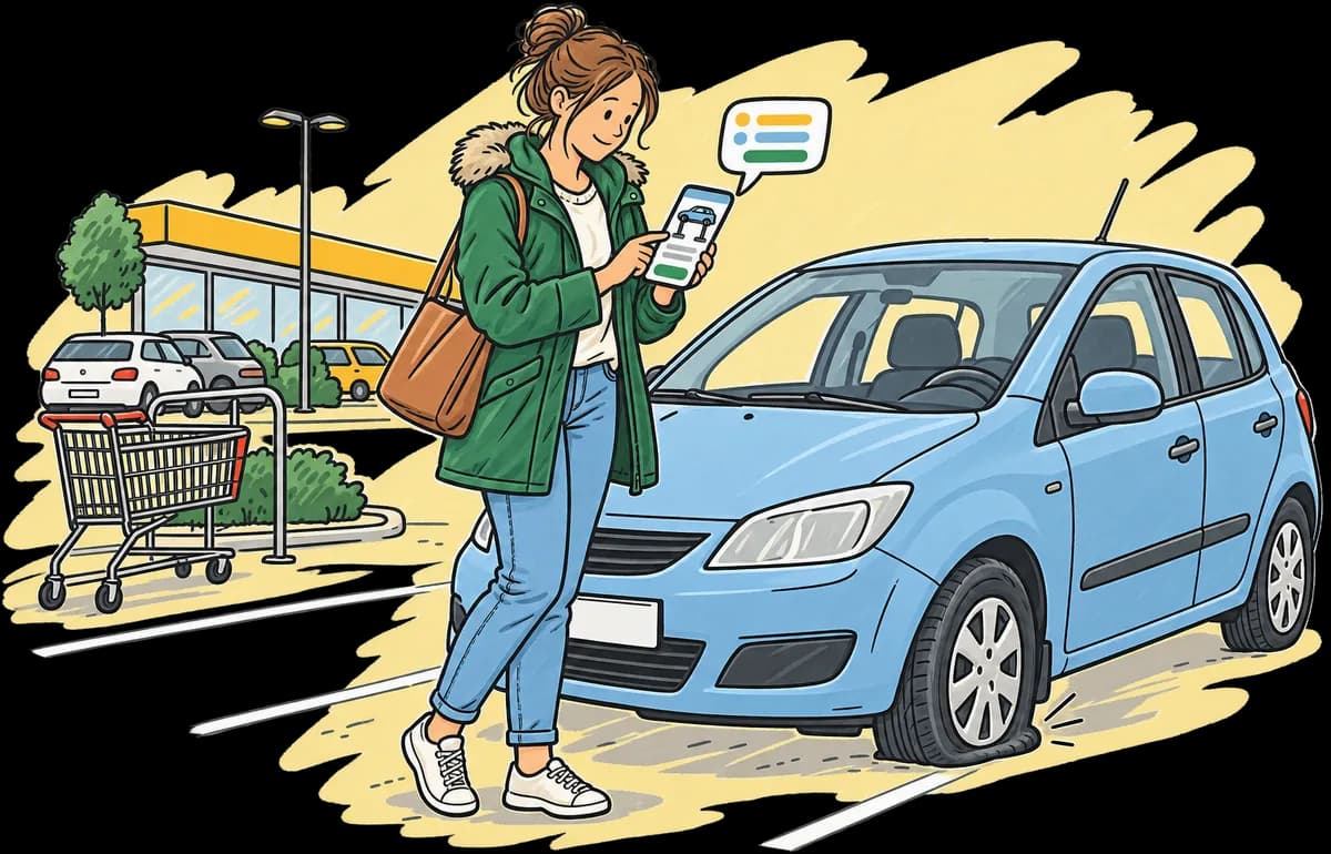 Řidička na parkovišti u auta s prázdnou pneumatikou našla v mobilu web servisu a píše do chatu.