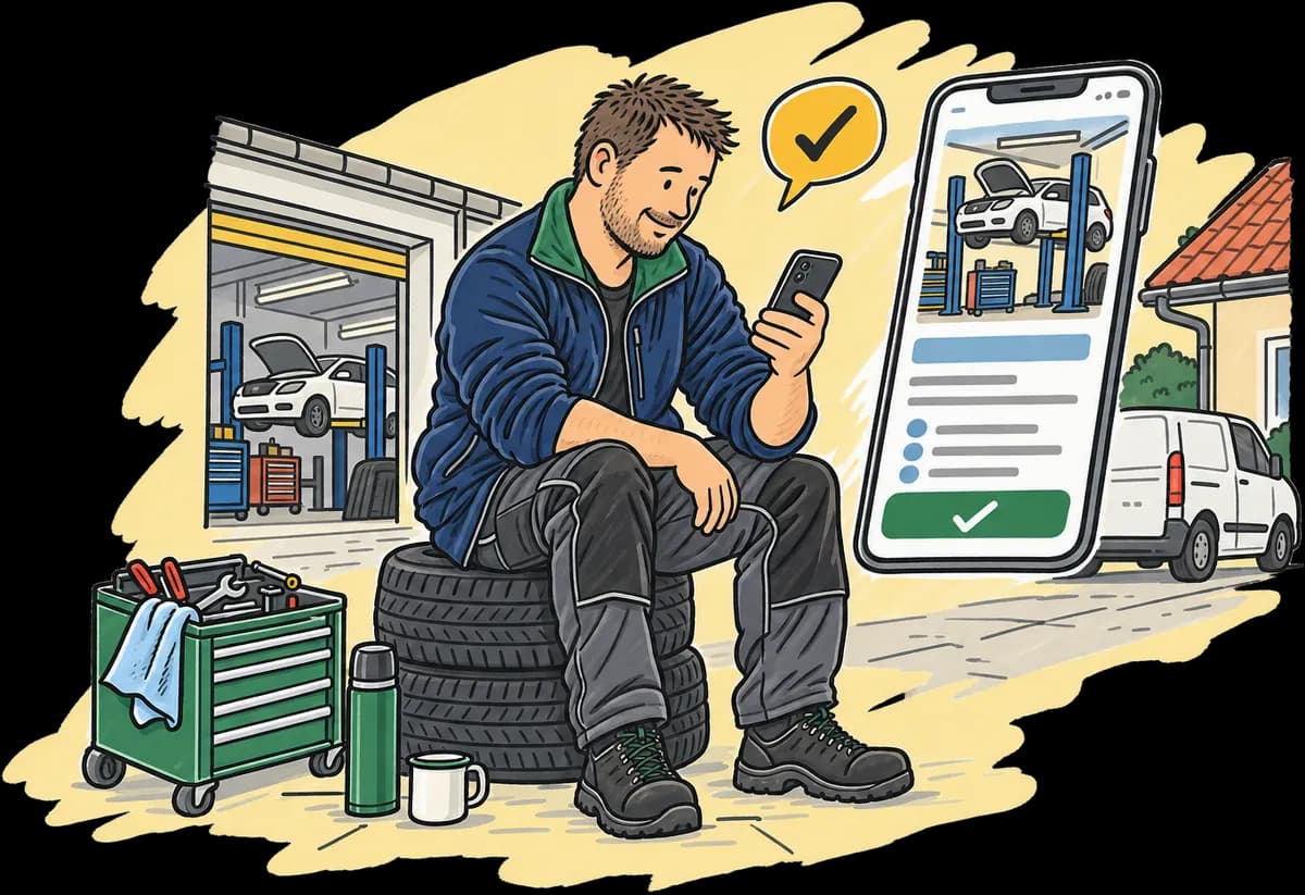 Mechanik sedí na pneumatikách před dílnou a spokojeně se dívá na svůj web v mobilu.